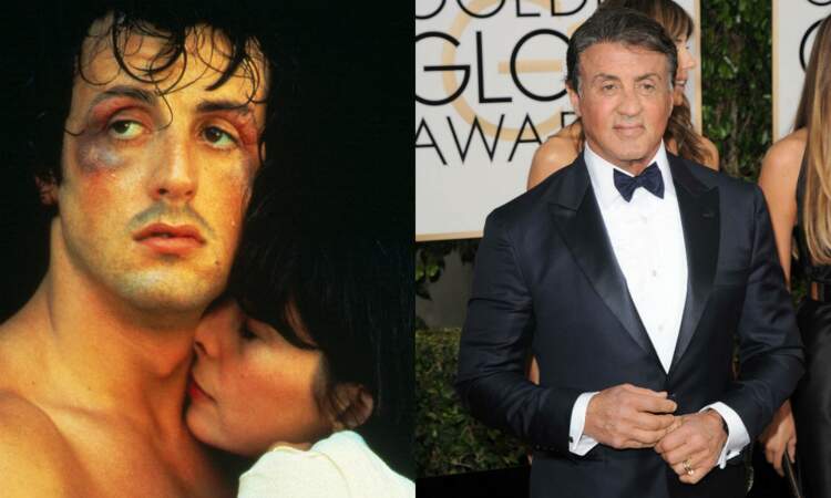 L'incontournable Rocky, à gauche dans le premier film en 1976, à droite il y a quelques jours aux Golden Globes