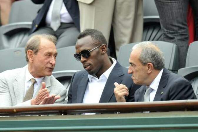 Bertrand Delanoë, Usain Bolt et Jean Gachassin (président de la FFT) en grande discussion